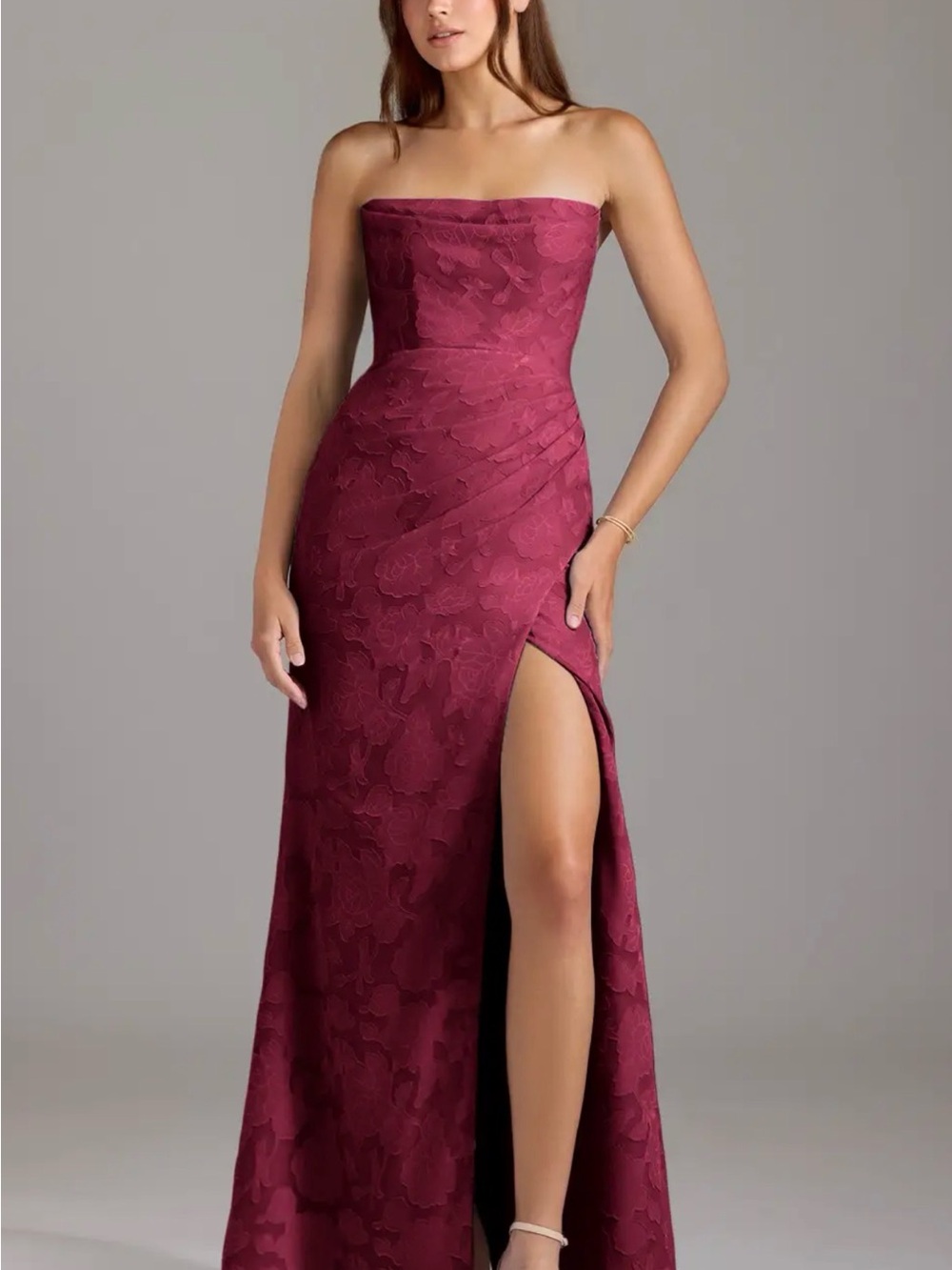 Azazie Strapless Burgundy Floral Jacquard Evening Gown